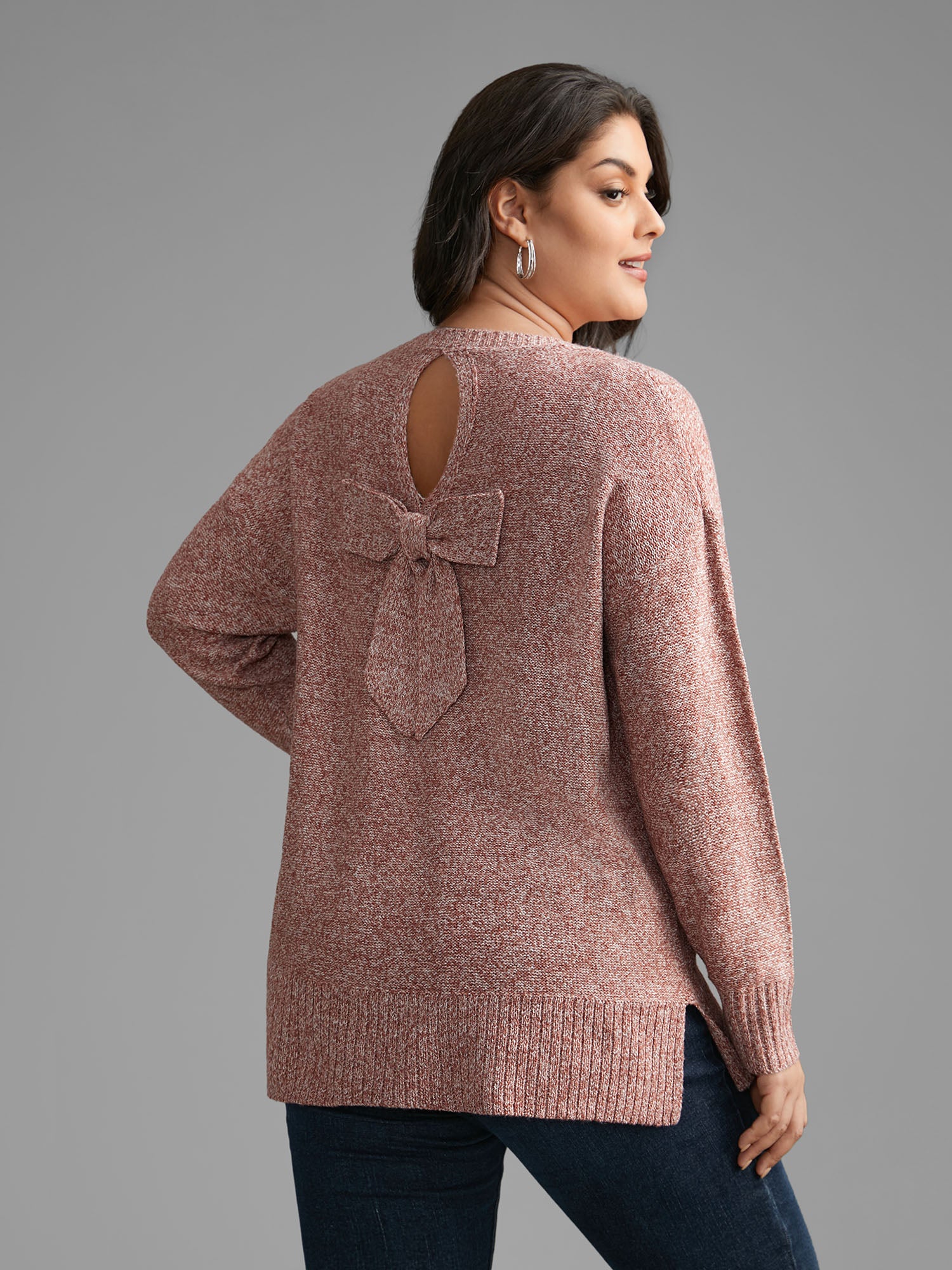 Texture Bowknot Cut Out Slit Hem Pullover-Sweetccc