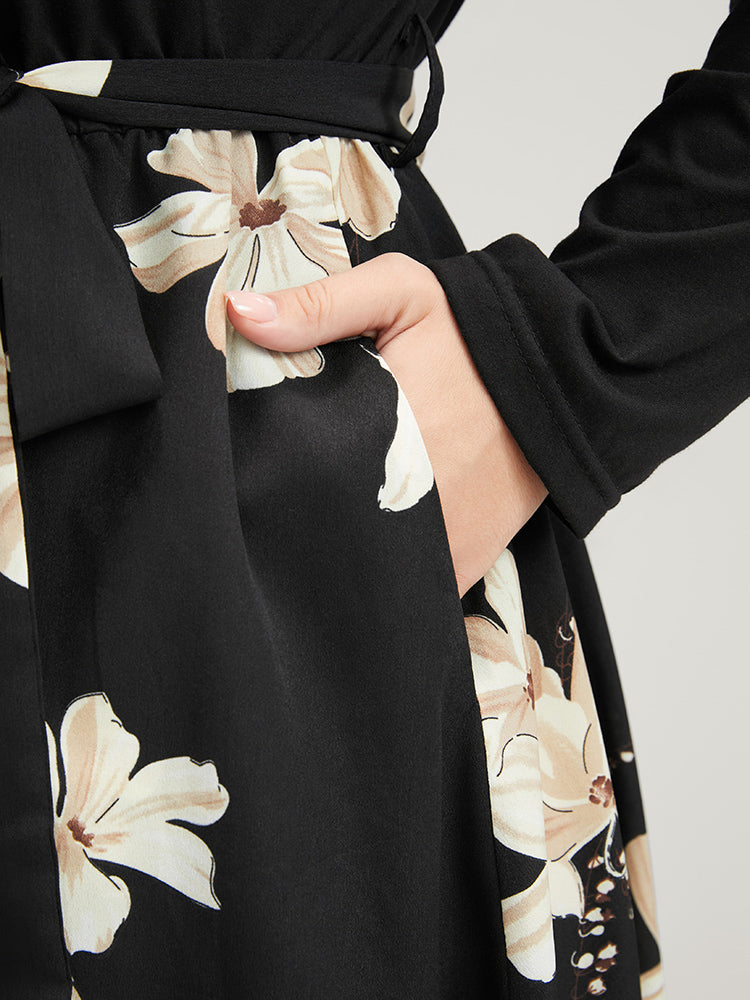 Floral Print Keyhole Round Neck Pocket Belted Dress-Sweetccc