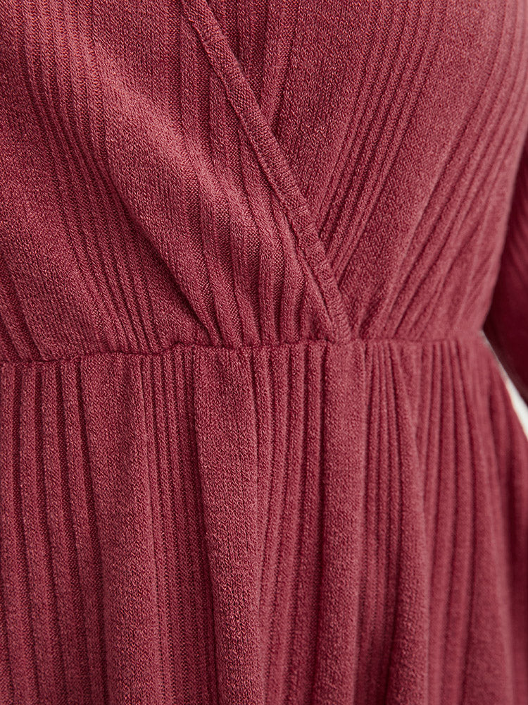 Solid Rib Knit Bell Sleeve Surplice Neck Long Tee-Sweetccc