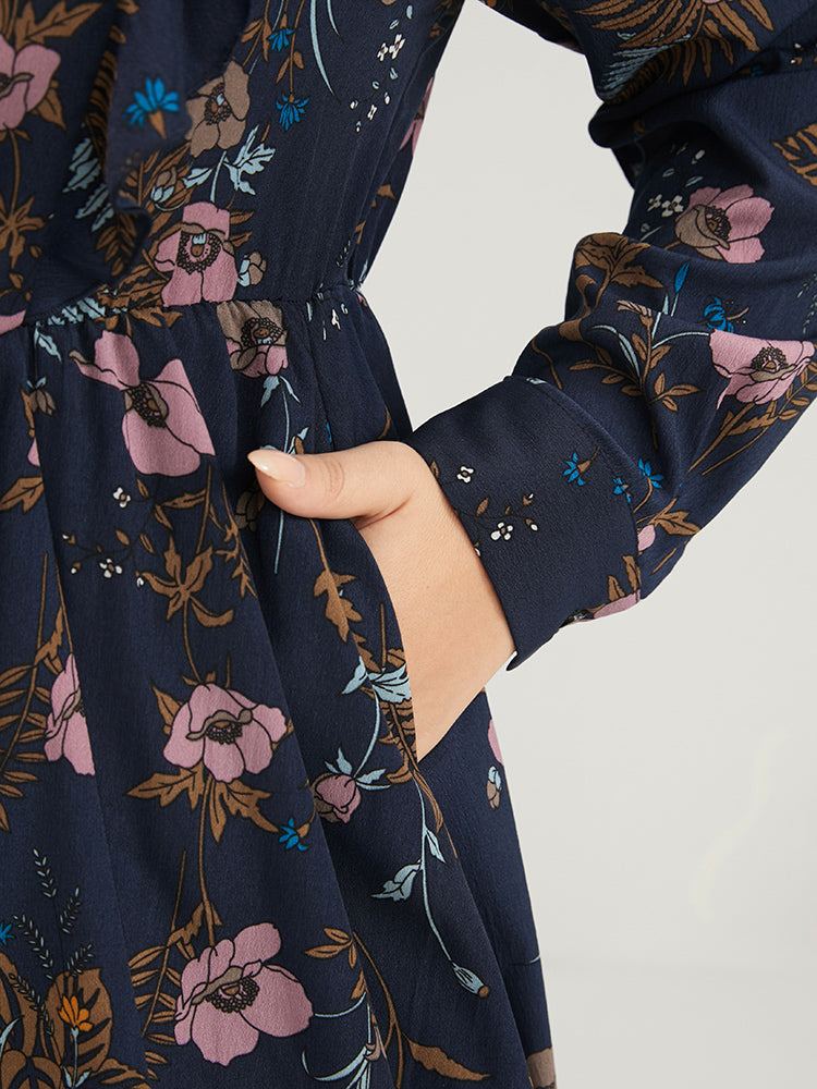 Floral Pocket Knotted Neck Ruffle Trim Split Dress-Sweetccc