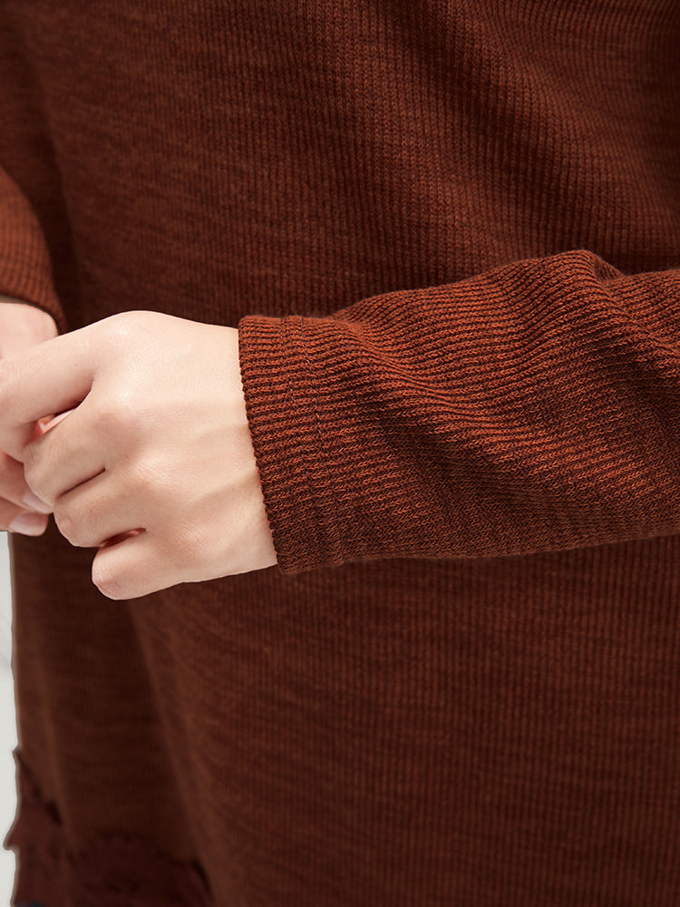 Solid Lace Asymmetrical Hem Funnel Neck Sweatshirt-Sweetccc