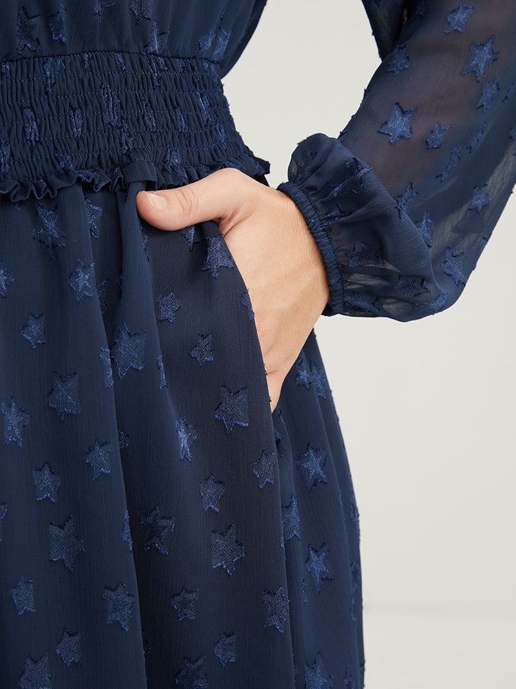 Star Print Pocket Lantern Sleeve Shirred Chiffon Dress-Sweetccc