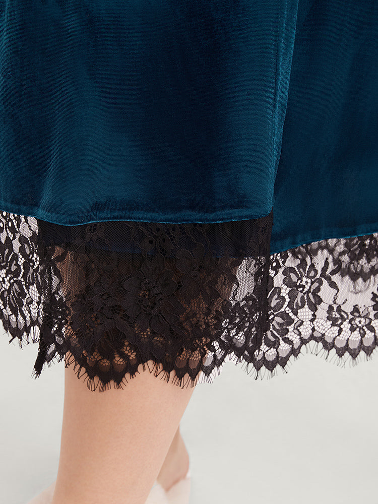 Solid Lace Trim Belted Wrap Velvet Midi Dress-Sweetccc