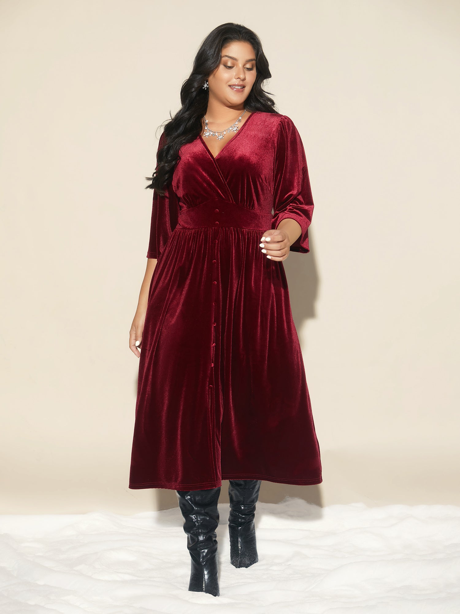 Velvet Ruched Surplice Neckline Midi Dress-Sweetccc