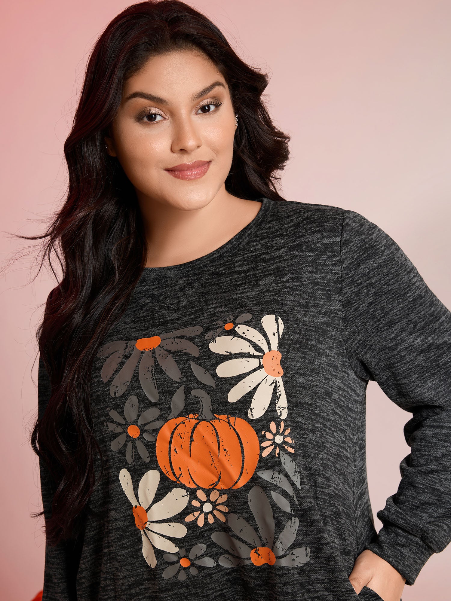 Halloween Pumpkin Floral Pockets Tunic Top-Sweetccc