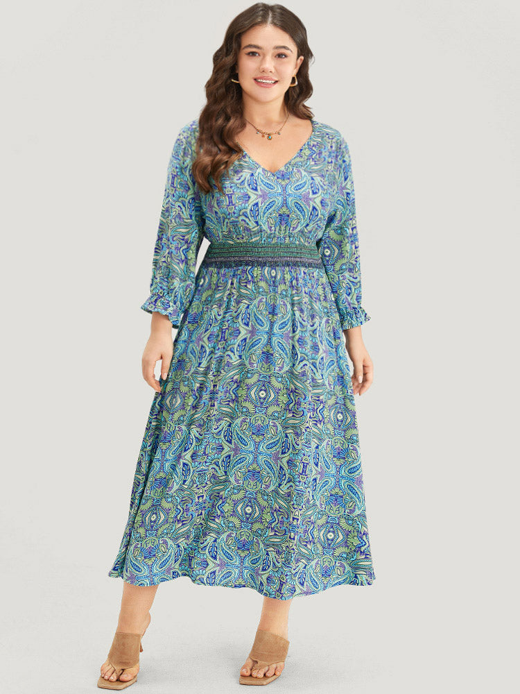 Paisley Print Shirred Flutter Trim Dress-Sweetccc