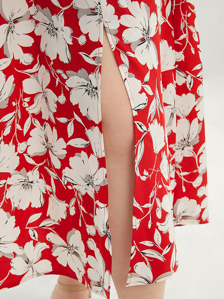 Floral Print Pocket Ruffles Trim Split Halter Maxi Dress-Sweetccc