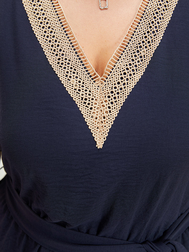 Solid Pocket Contrast Lace Belted Tank Romper-Sweetccc