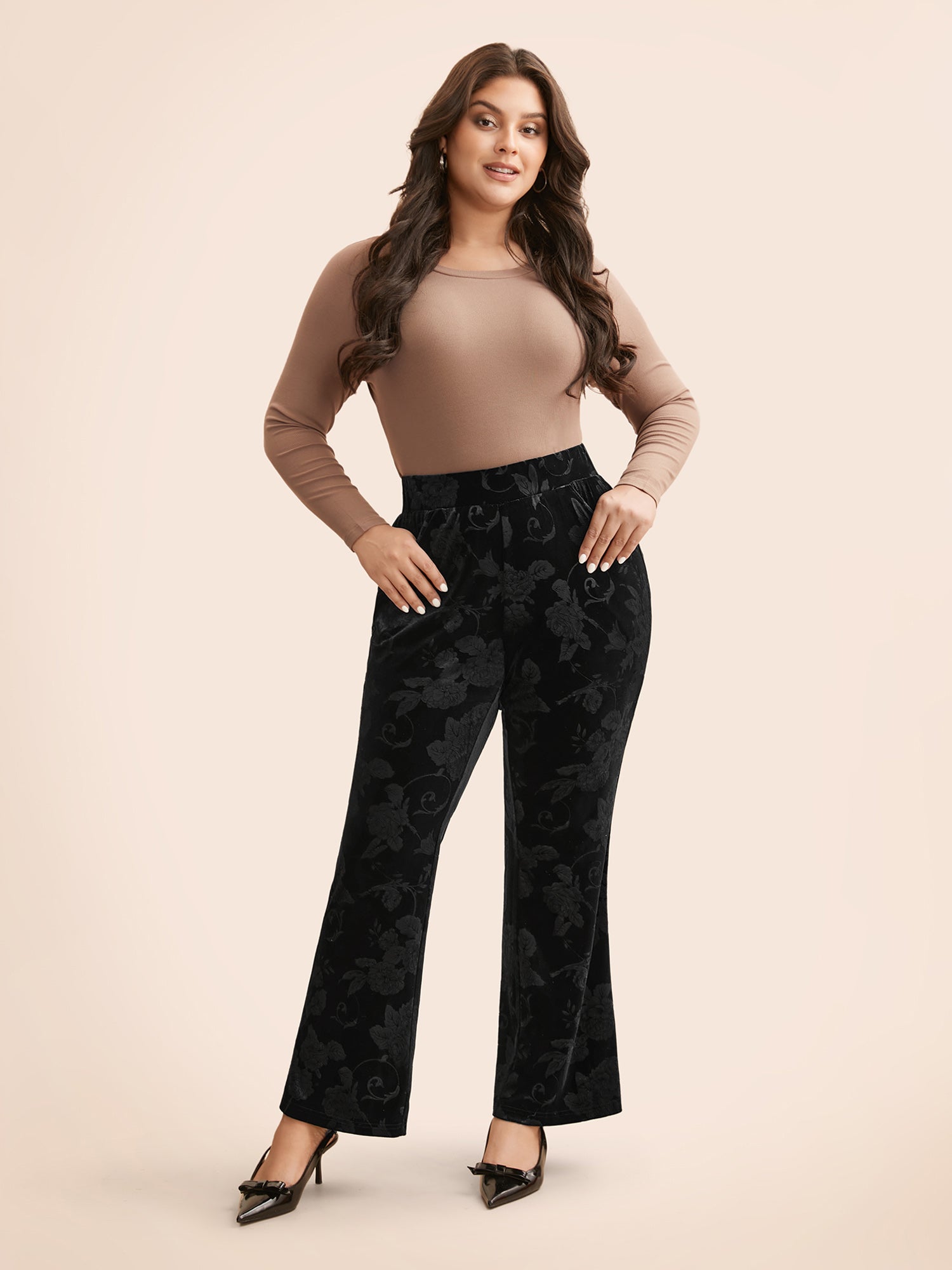Velvet Floral Mid Rise Bootcut Leggings-Sweetccc