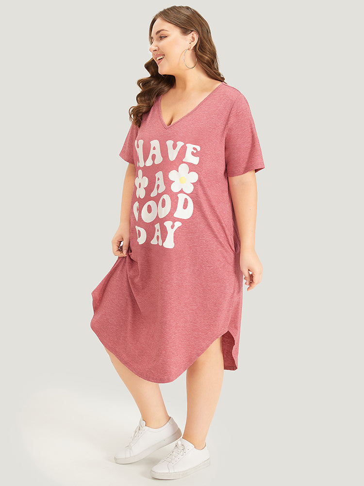 Supersoft Essentials Letter & Floral Print V Neck Curved Hem Dress-Sweetccc