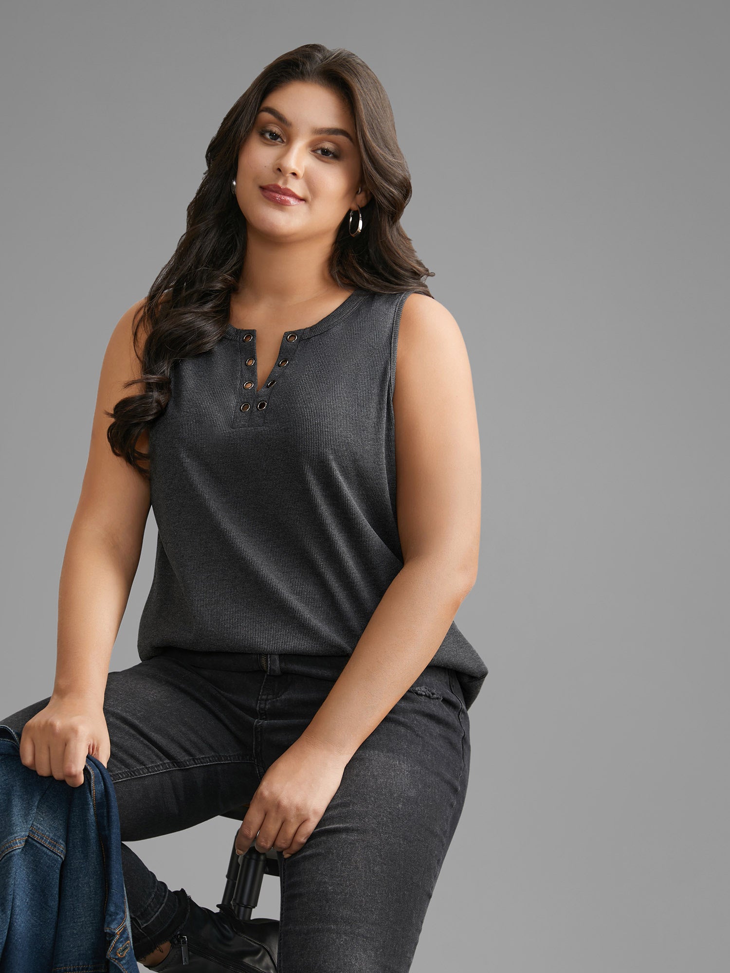 Notched Collar Eyelet Tank Top-Sweetccc