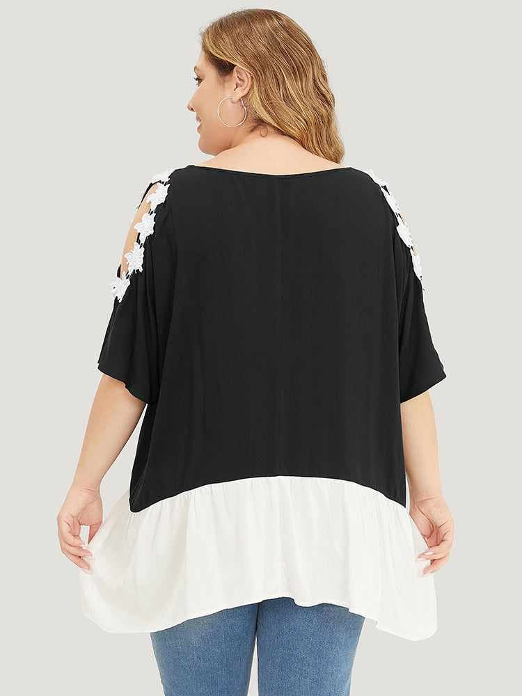 Floral Appliques Patchwork Asymmetrical Hem Cold Shoulder Blouse-Sweetccc