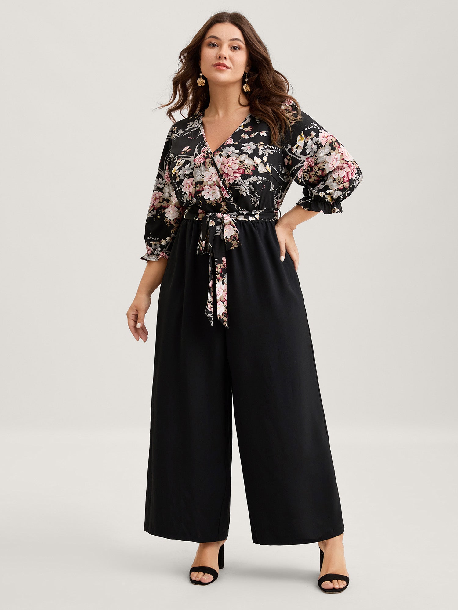 Floral Contrast Belted Wide-Leg Jumpsuit-Sweetccc