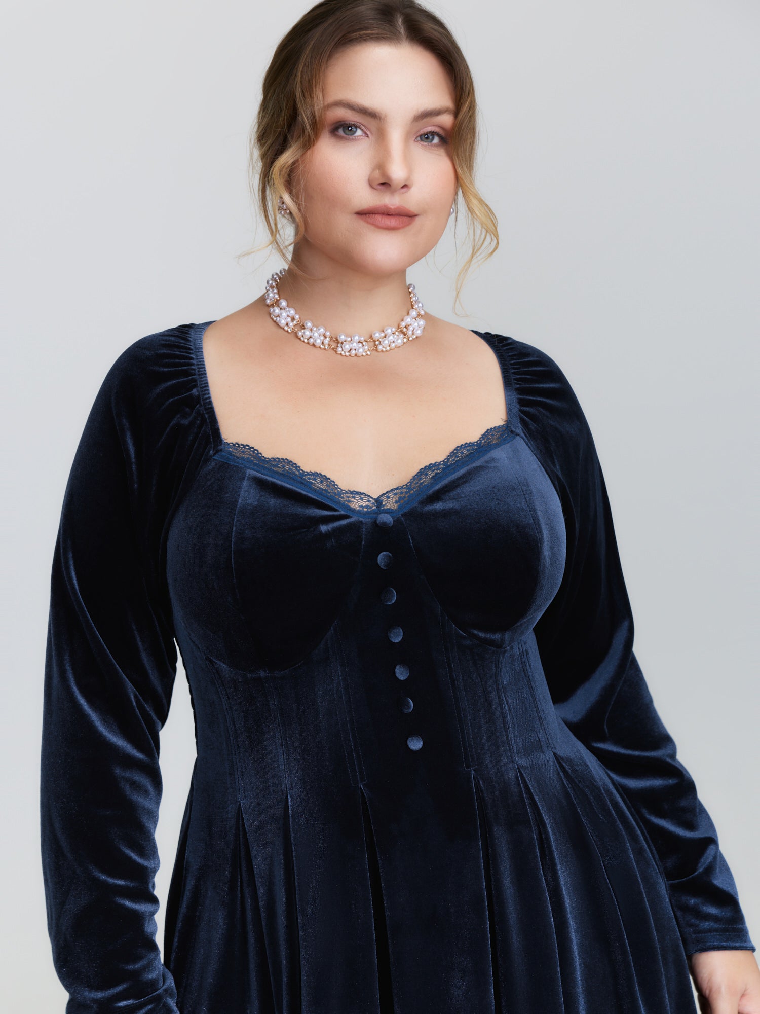 Velvet Lace Trim Stitch Shirred Midi Dress-Sweetccc