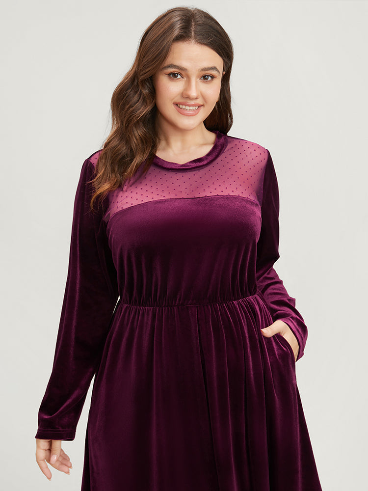 Solid Mesh Patchwork Pocket Velvet Arc Hem Dress-Sweetccc