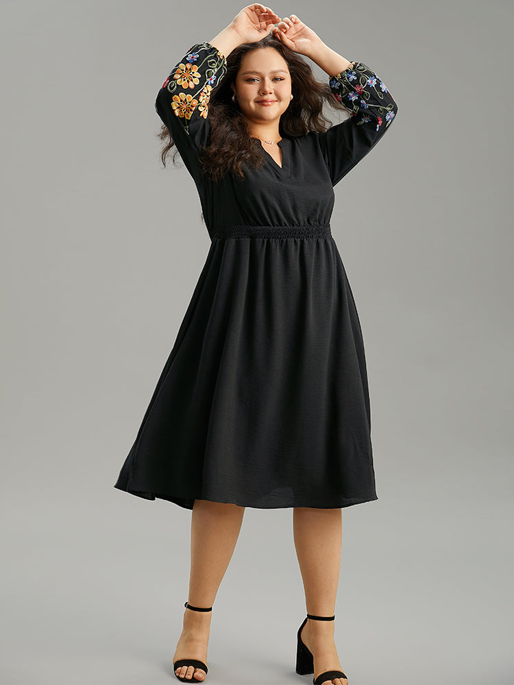 Floral Embroidered Notched Midi Dress-Sweetccc