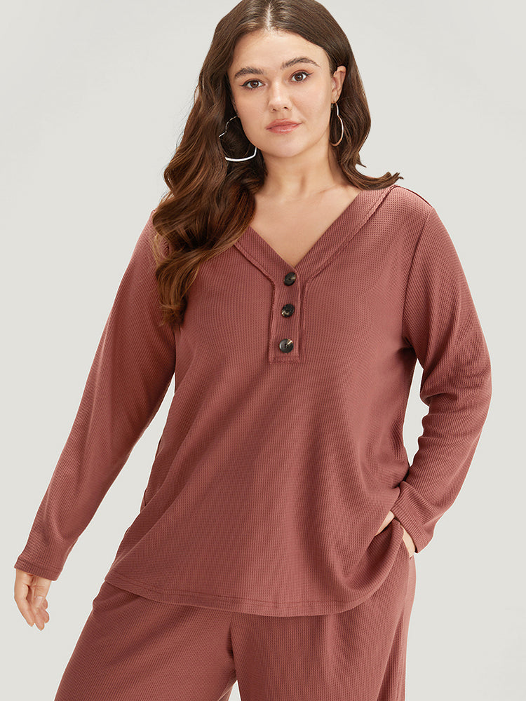 Solid Waffle Knit V Neck Button Up Woven Top-Sweetccc