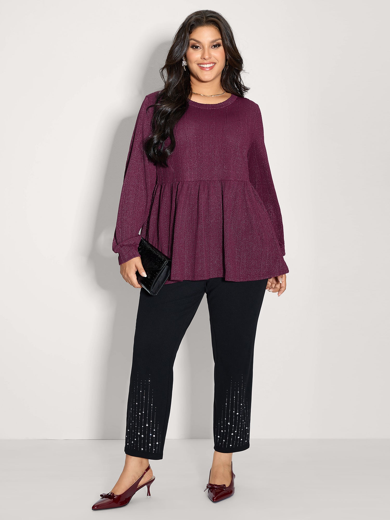 Textured Stretchy Flared Knit Top-Sweetccc