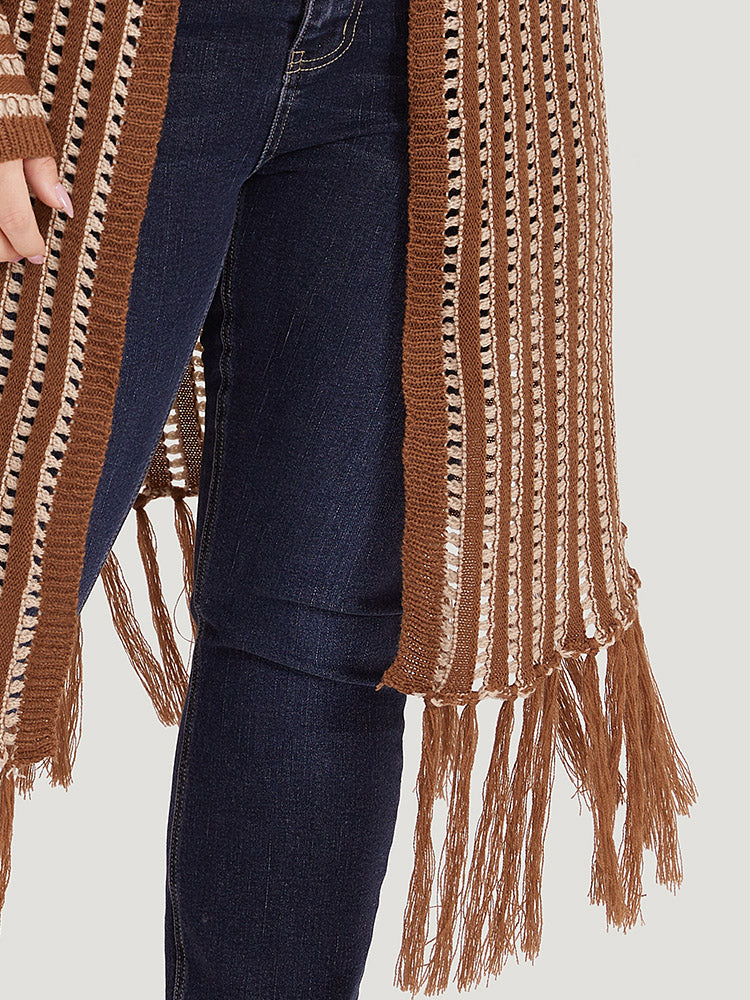 Striped Open Front Tassel Trim Hollow Out Cardigan-Sweetccc