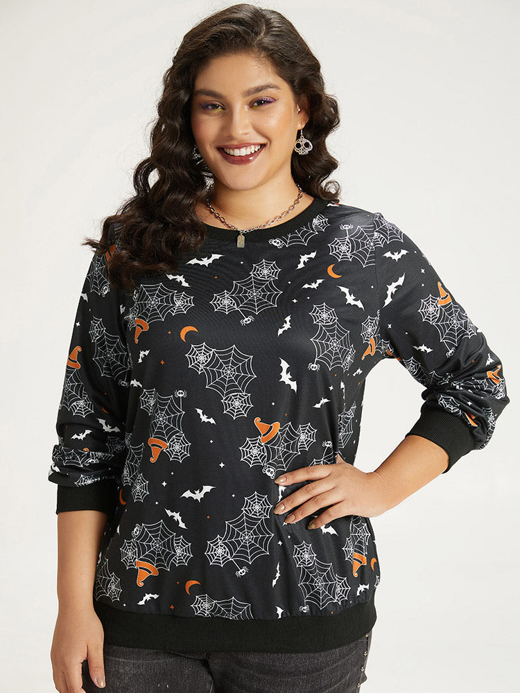 Halloween Print Elastic Cuffs Round Neck Sweatshirt-Sweetccc