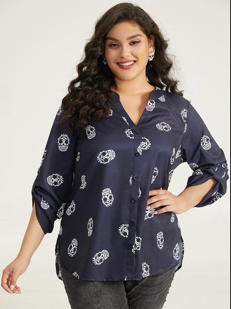 Halloween Skull Print Notched Tab Sleeve Blouse-Sweetccc