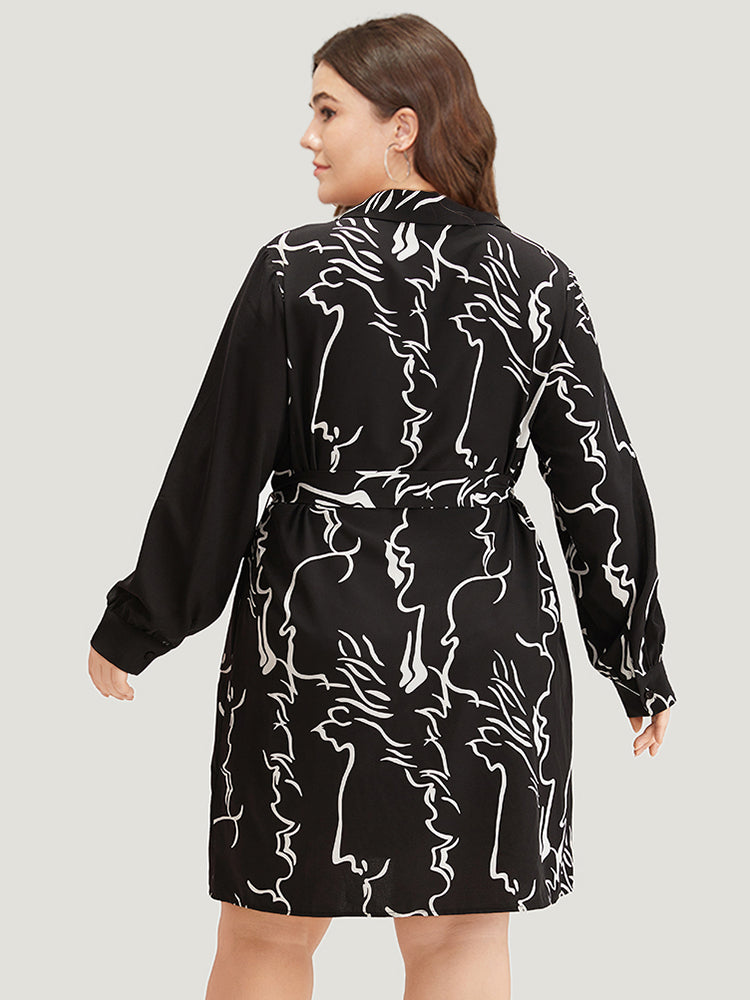 Graphic Shirt Collar Pocket Button Through Belted Dress-Sweetccc