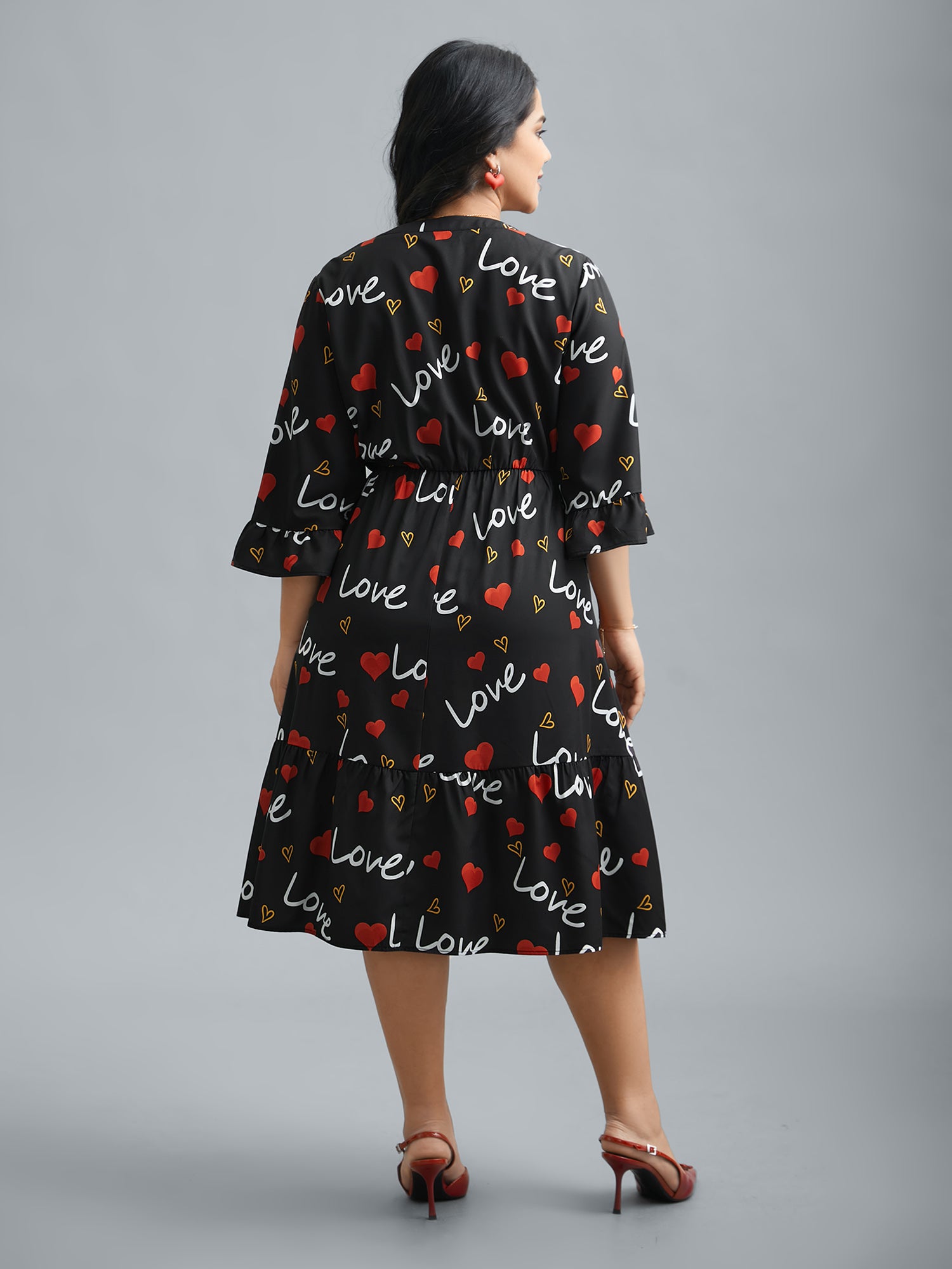 Notched Collar Heart Print Tiered Midi Dress-Sweetccc