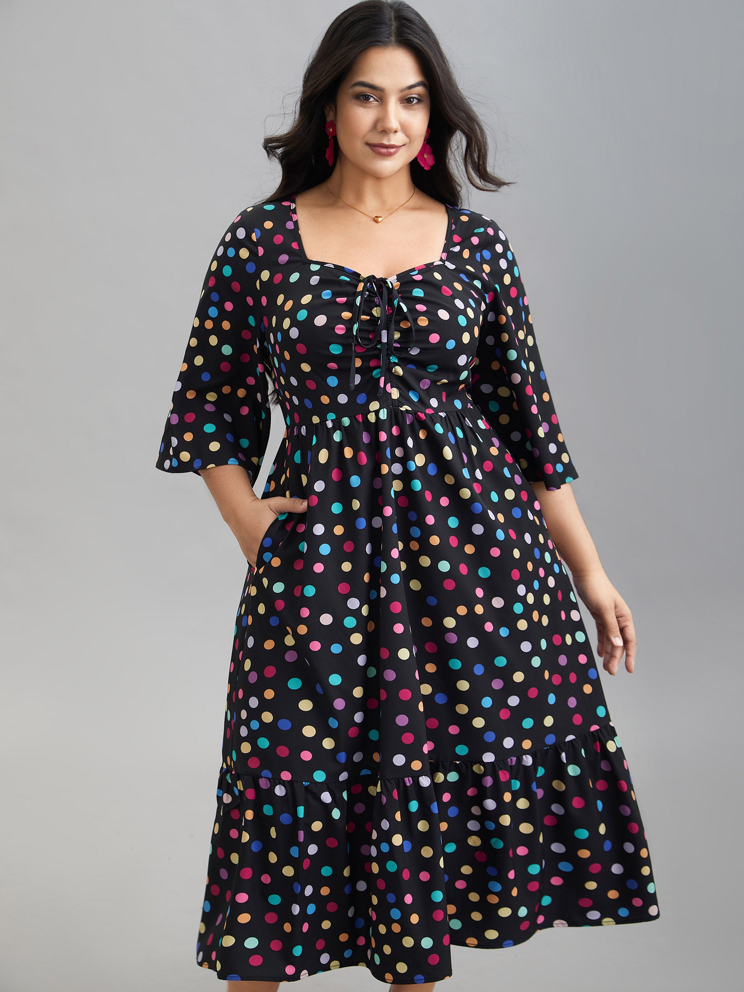 Multi-Color Dots Sweetheart Neckline Midi Dress-Sweetccc