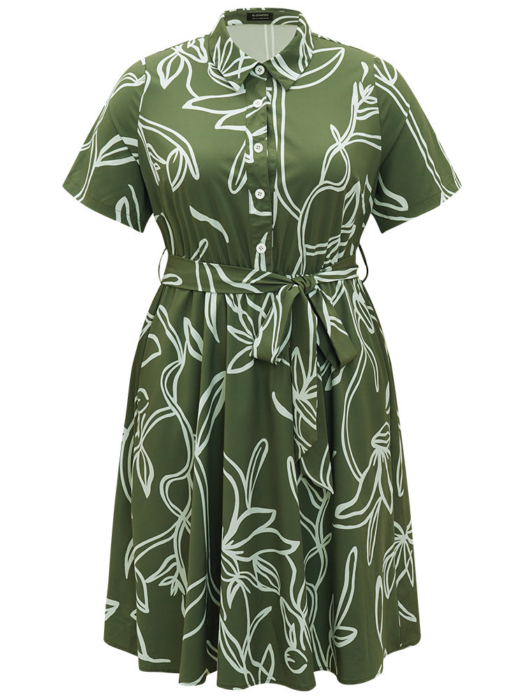 Graphic Print Belted Shirt Collar Button Up Dress-Sweetccc