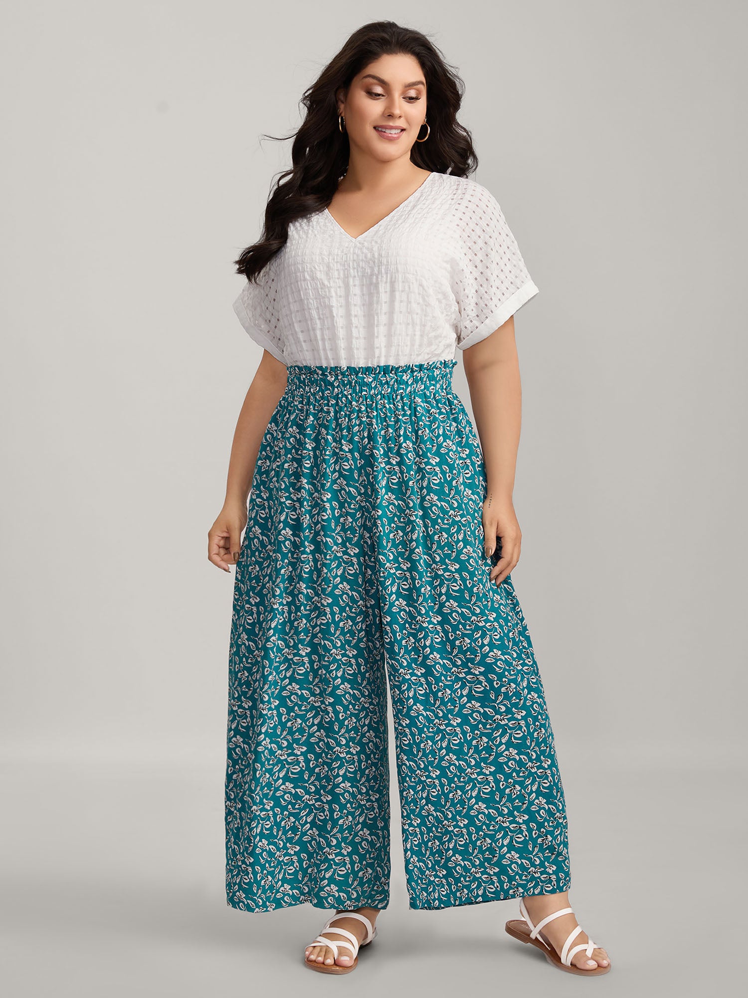 Floral Color Contrast Shirred Jumpsuit-Sweetccc