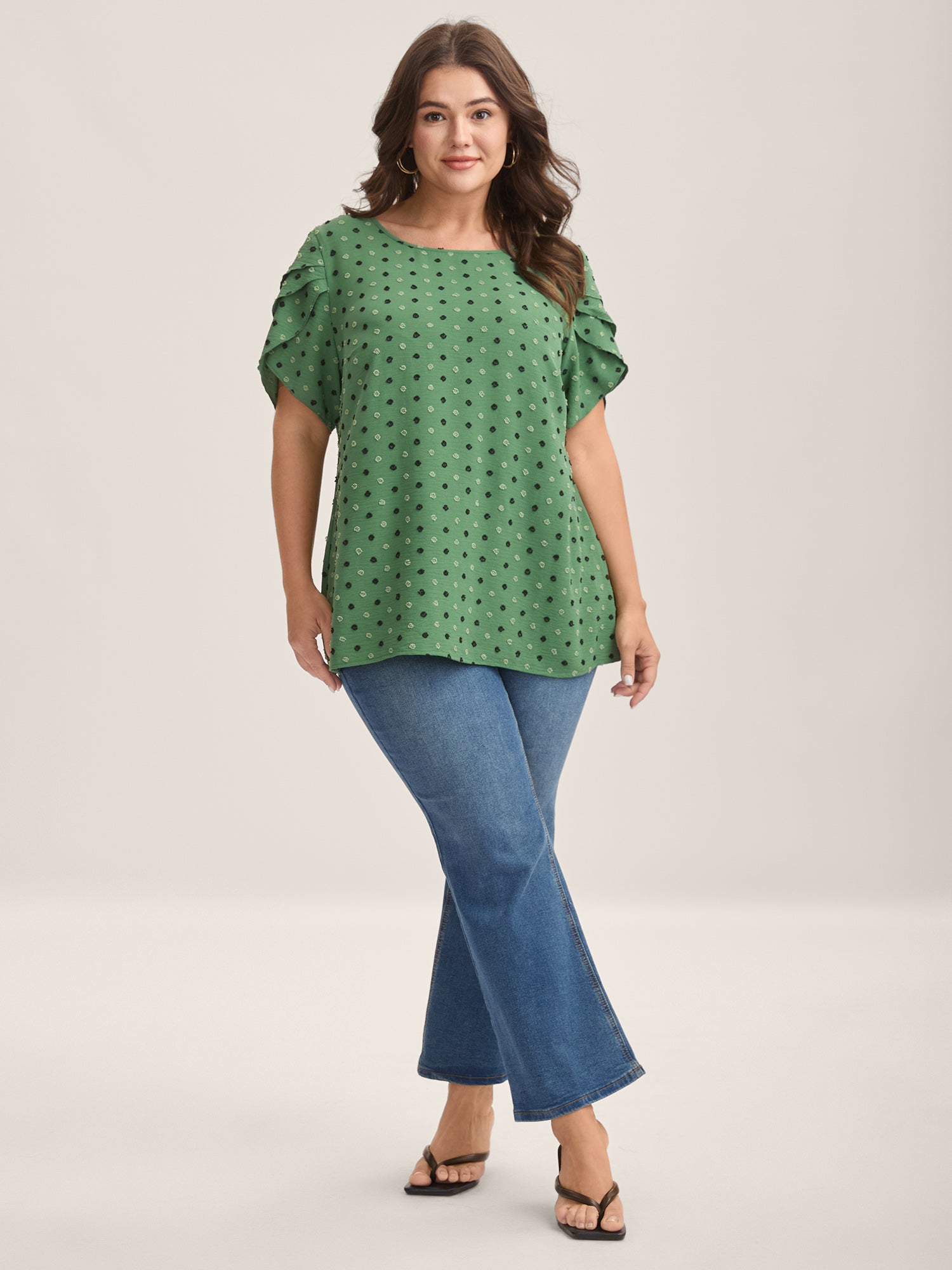 Textured Color Contrast Petal Sleeve Blouse-Sweetccc