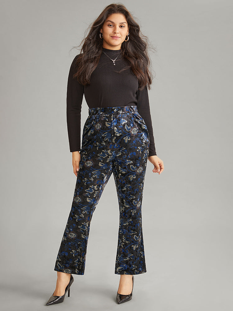 Velvet Floral Elastic Waist High Rise Bootcut Pants-Sweetccc