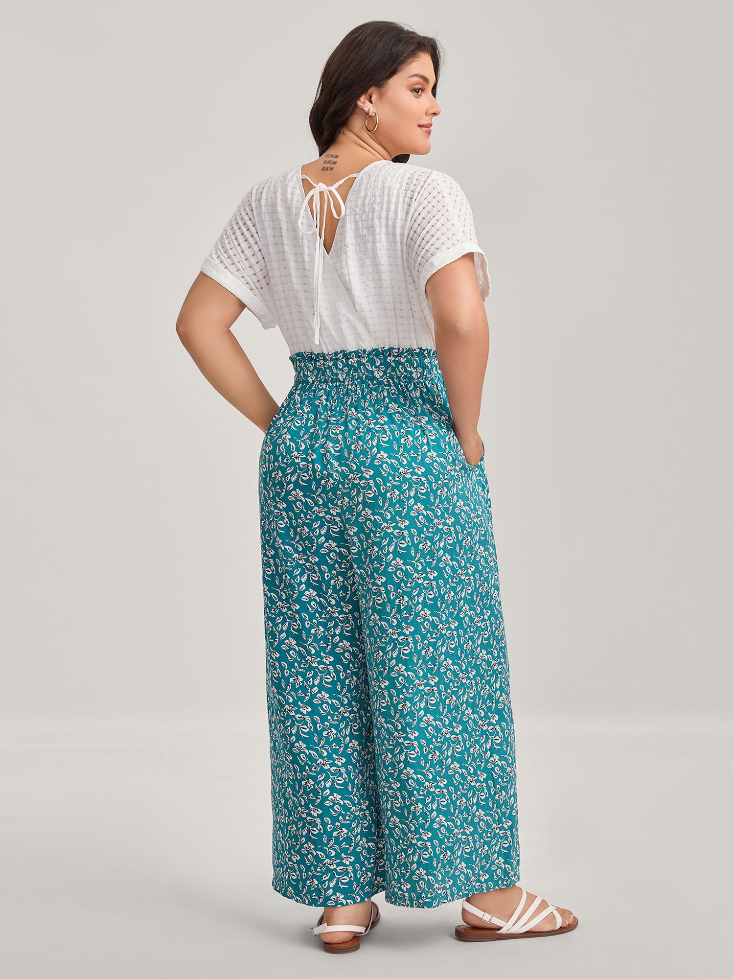 Floral Color Contrast Shirred Jumpsuit-Sweetccc