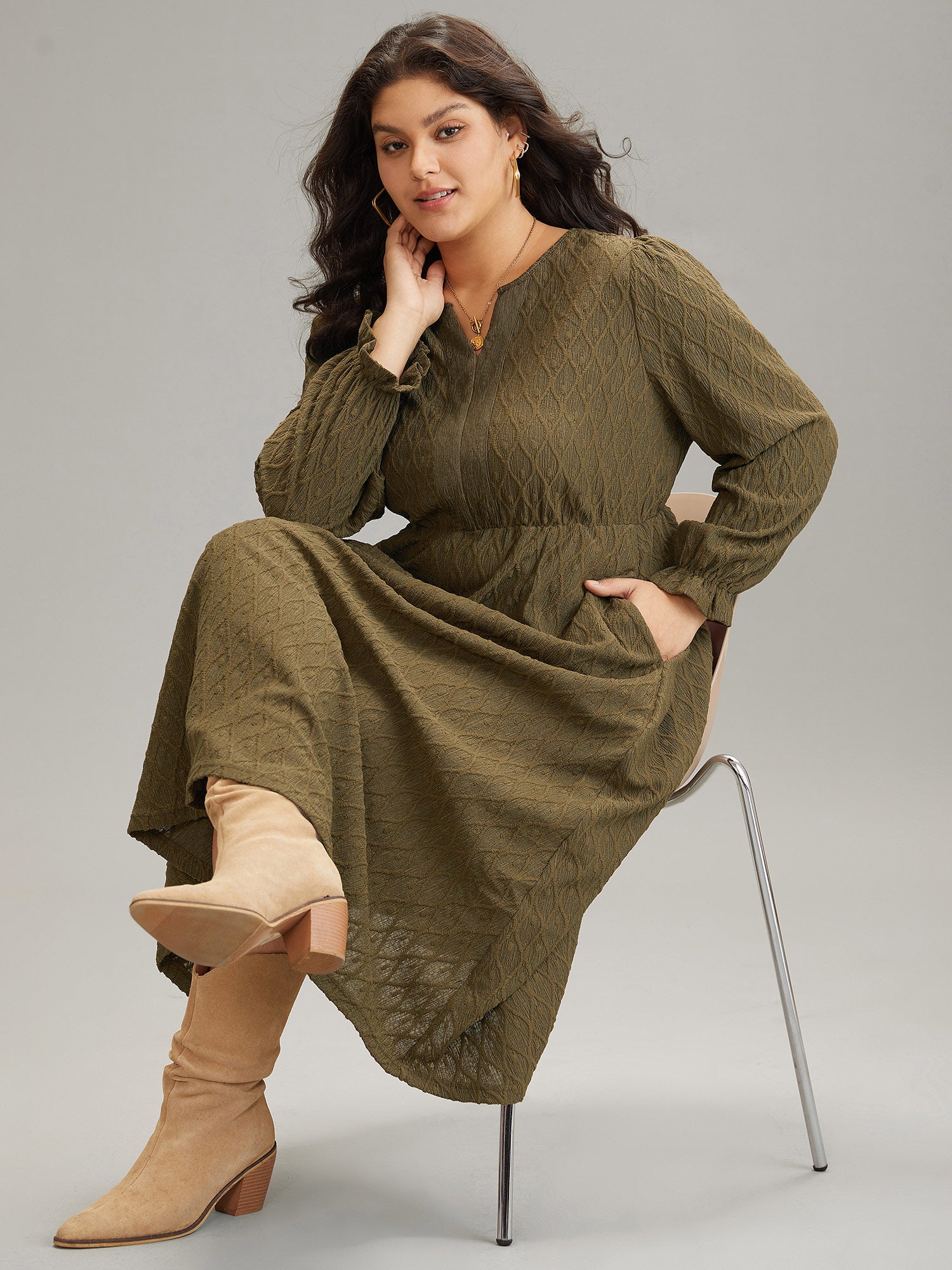 Textured Jacquard Notched Ruffle Sleeve Dress-Sweetccc