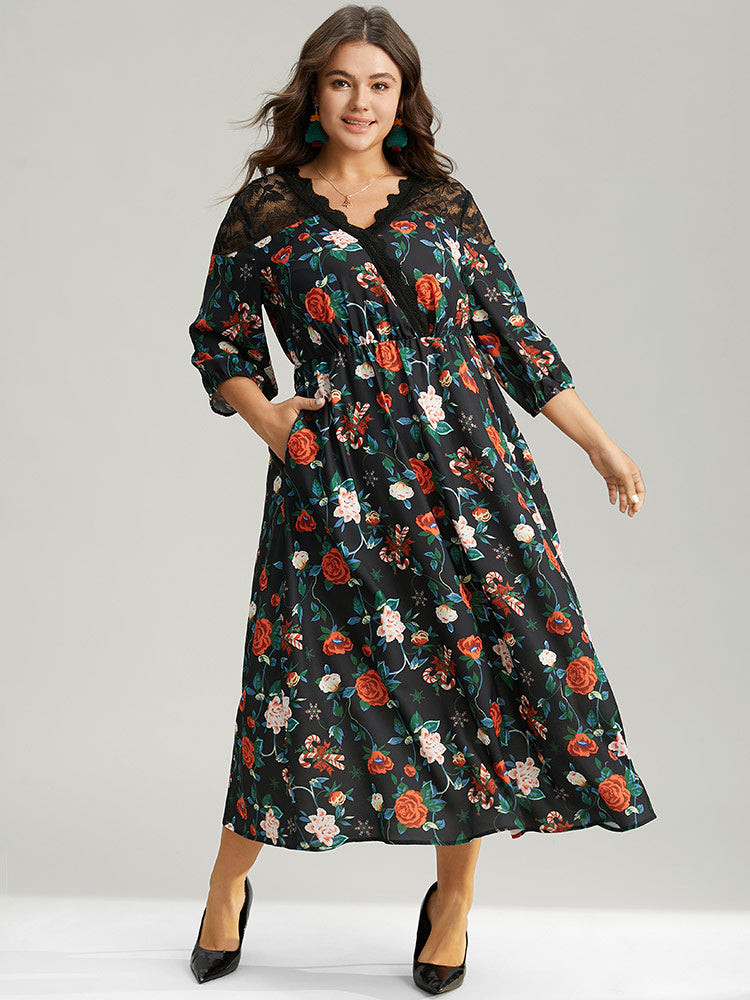 Floral Crochet Lace Mesh Overlap Collar Dress-Sweetccc