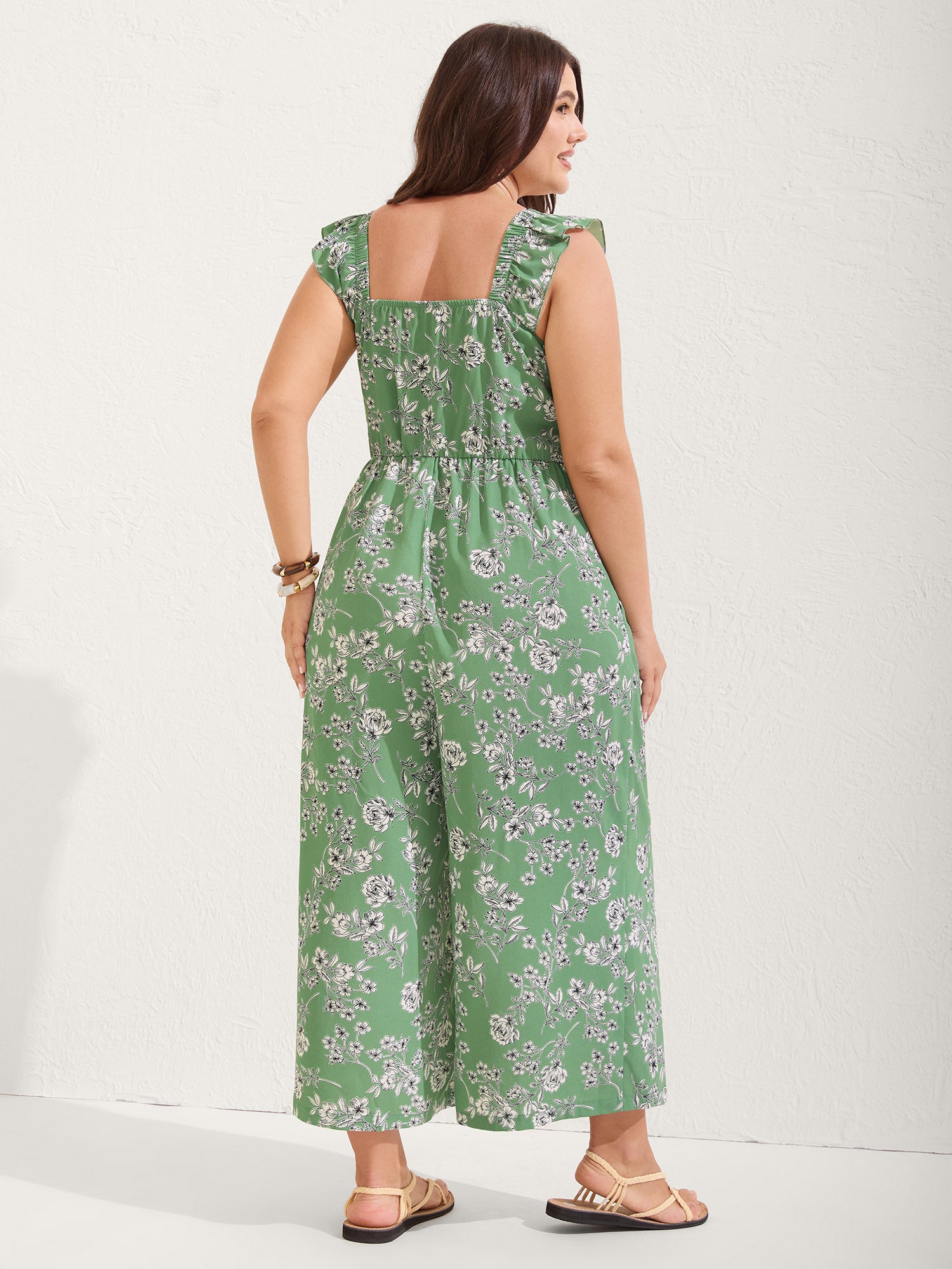 Floral Print Ruched Flutter Detail Jumpsuit-Sweetccc