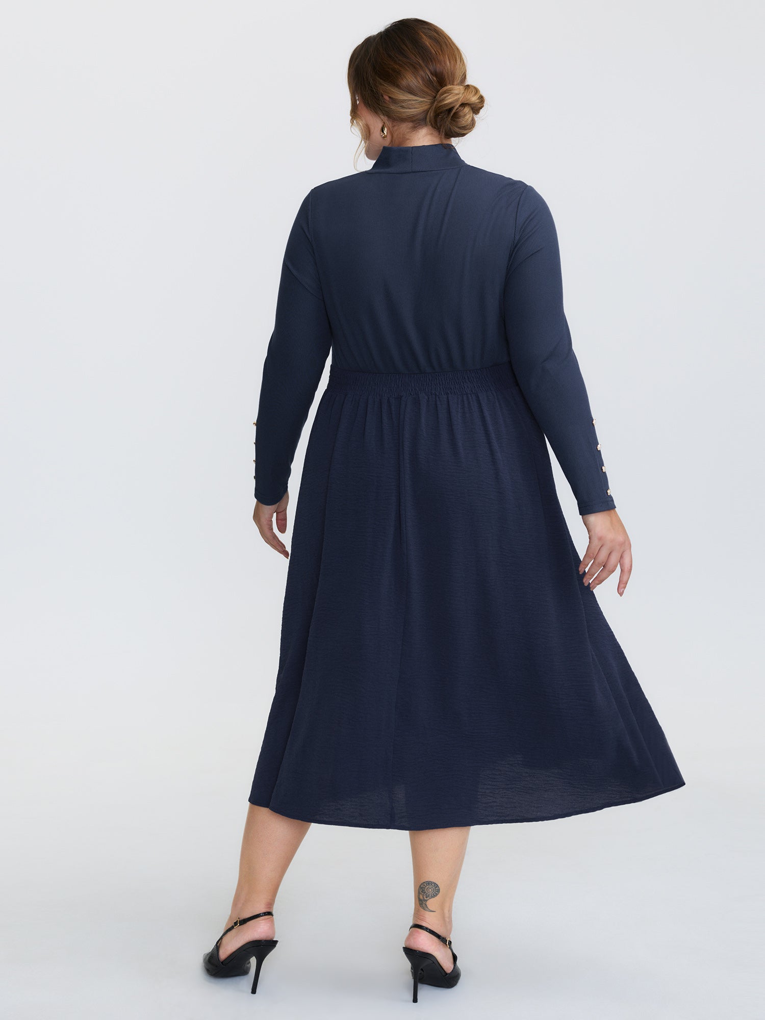 Mock Neck Waist-Defining Button Midi Dress-Sweetccc