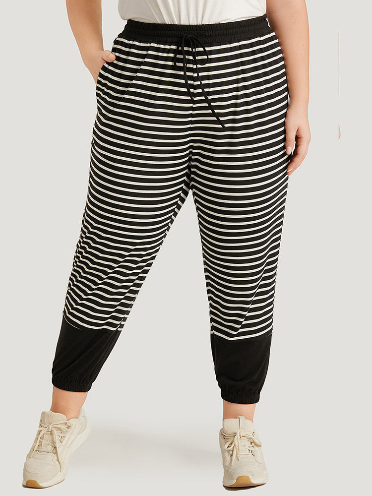 Striped Patchwork Elastic Waist Pocket Ties Sweatpants-Sweetccc