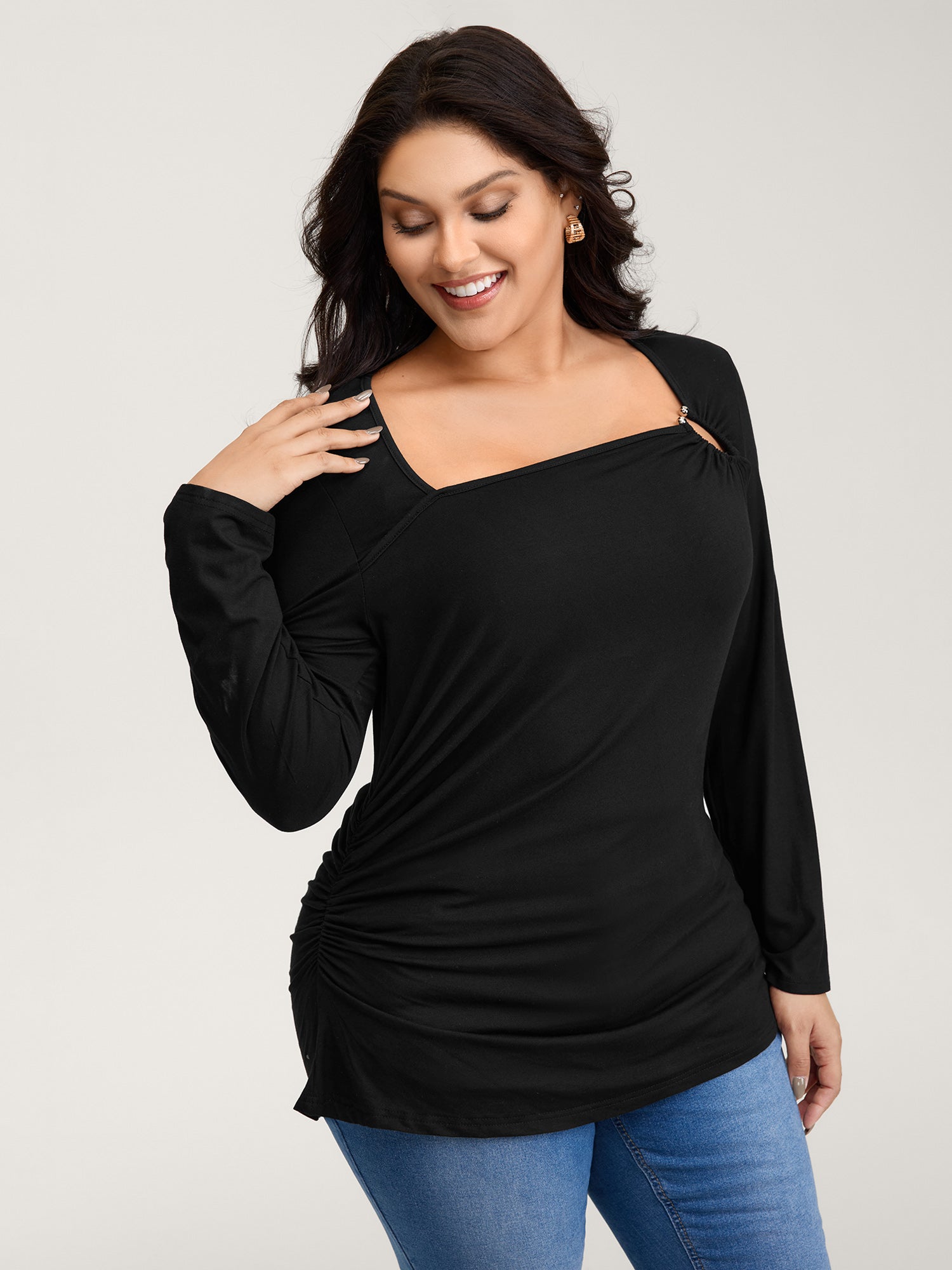 Stretchy Fitted Cut-Out Solid T-Shirt-Sweetccc