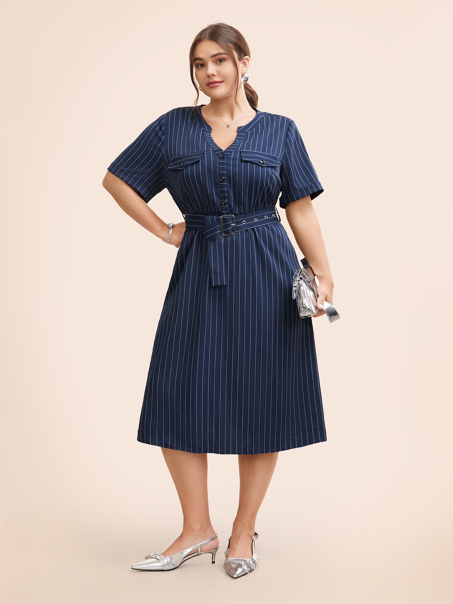 Striped Notched Button Detail Belted Dress-Sweetccc