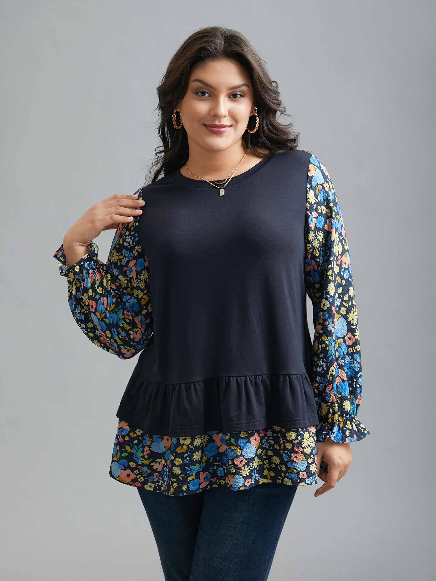 Floral Spliced Tiered Hem T-Shirt-Sweetccc