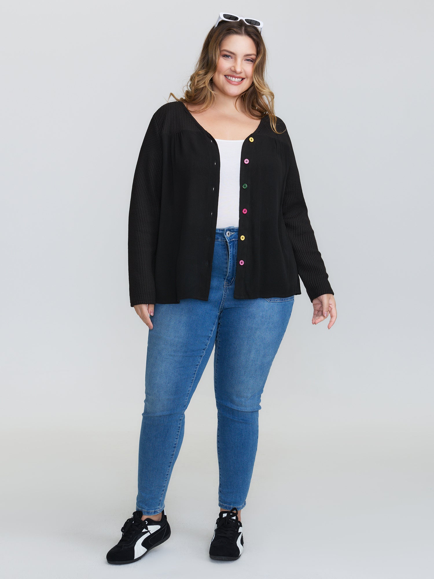 Stretchy Textured Colorful Button Blouse-Sweetccc