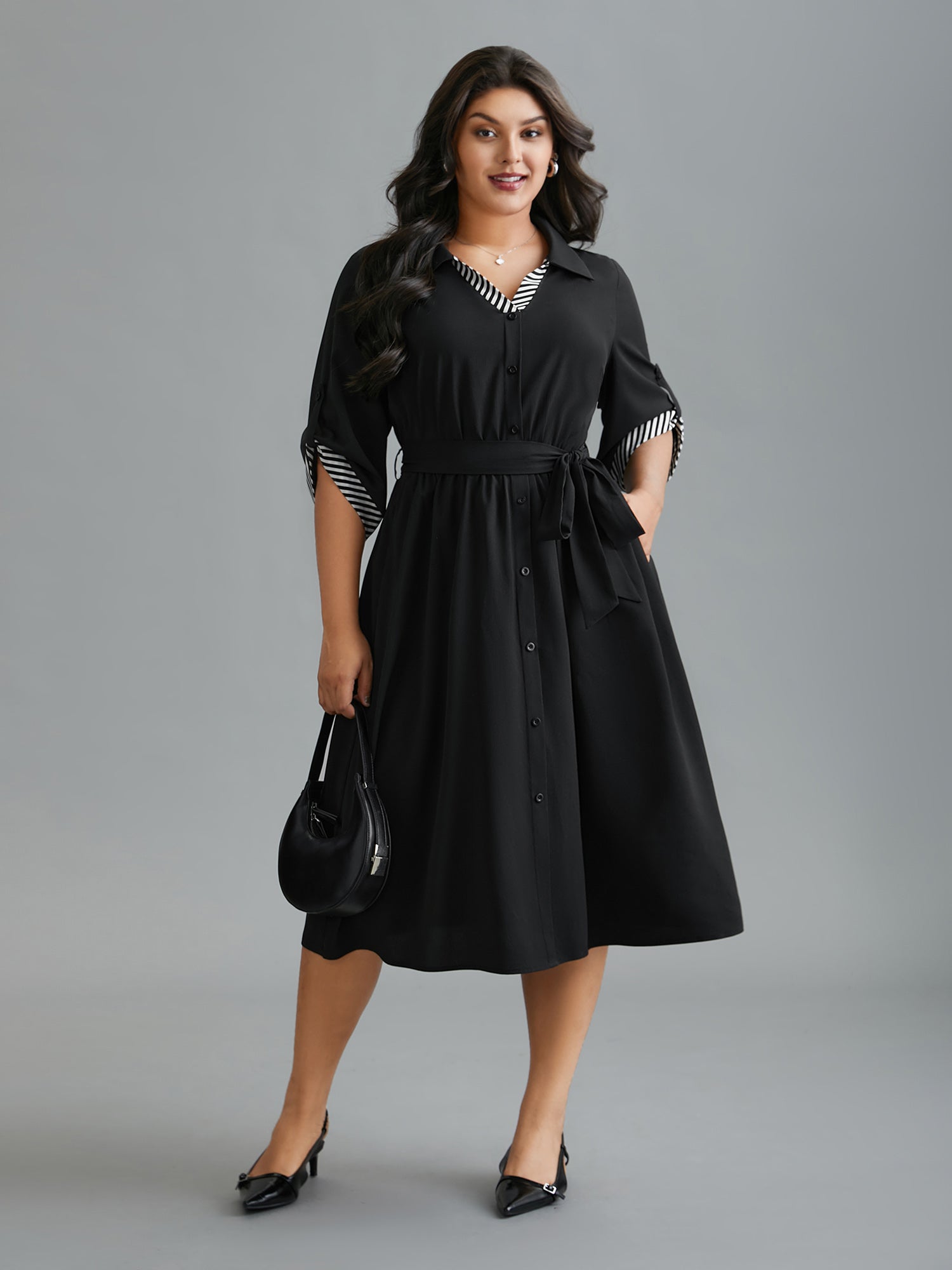 Tab Sleeve Striped Belted Shirt Dress-Sweetccc