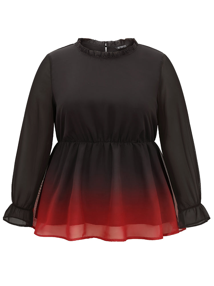 Ombre Contrast Frill Trim Ruffle Hem Blouse-Sweetccc