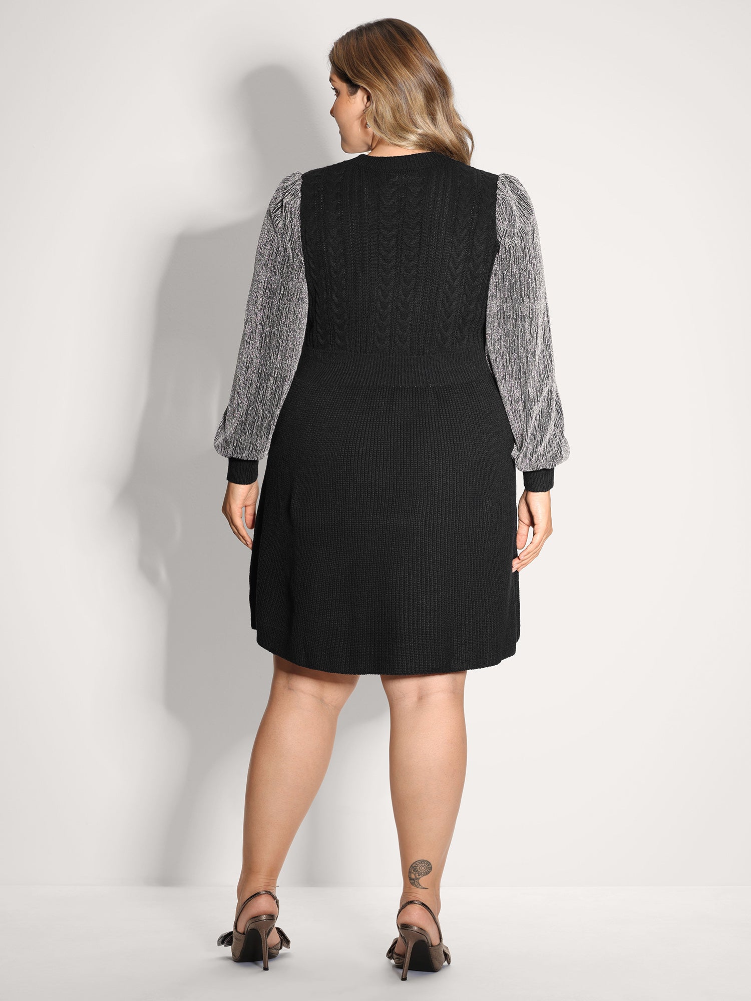 Glitter Textured Contrast Sleeve Midi Sweater Dress-Sweetccc