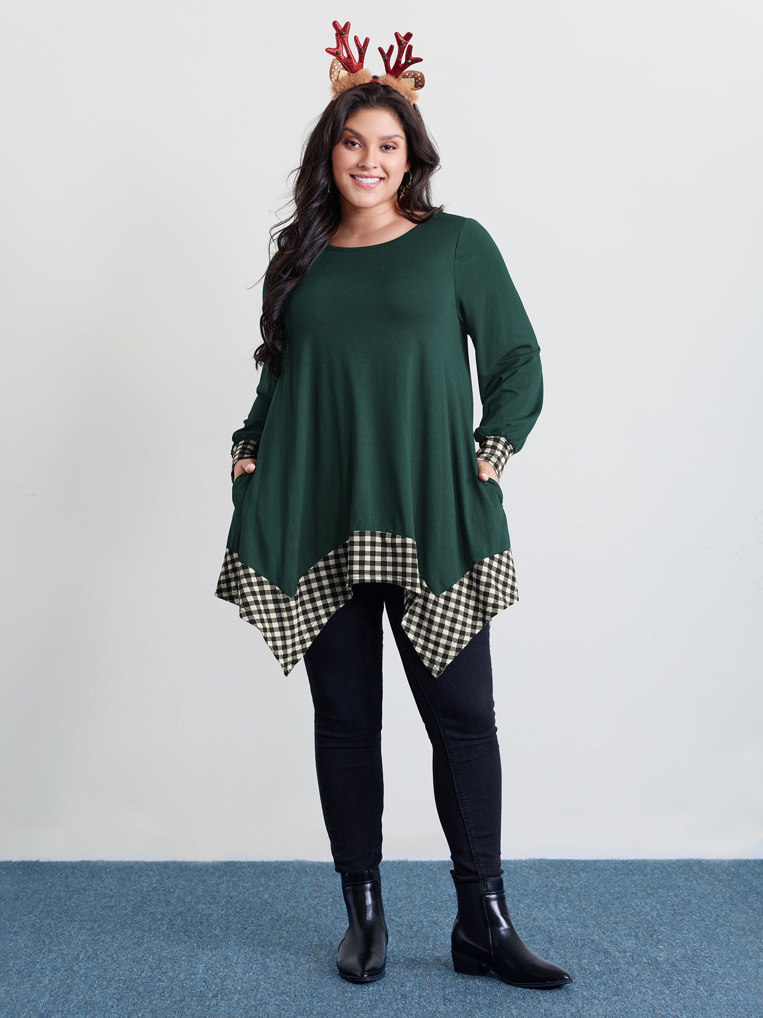 Supersoft Stretchy Checkered Asymmetrical Hem T-Shirt-Sweetccc