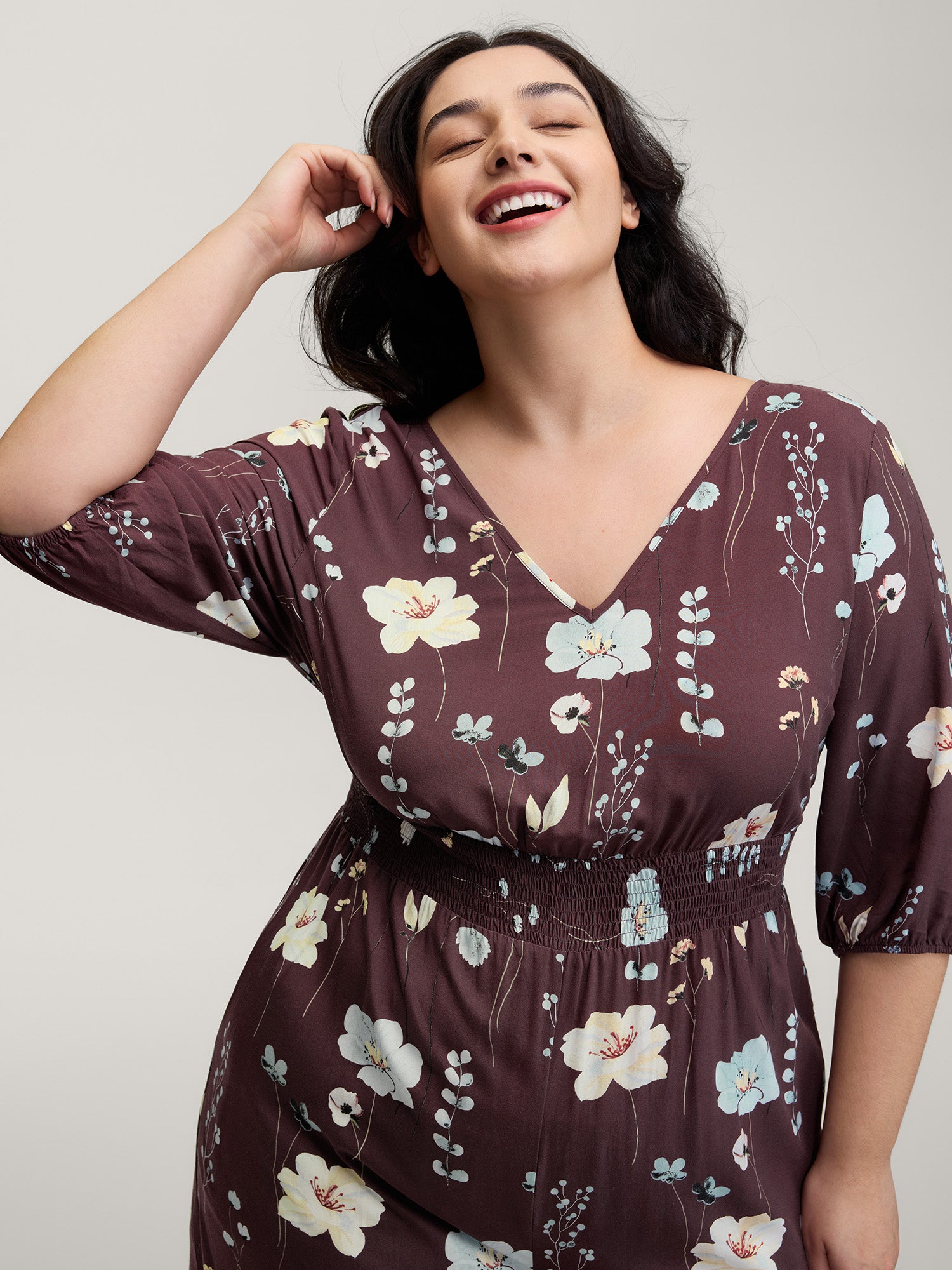 Floral Branch Print Shirred Waist Jumpsuit-Sweetccc