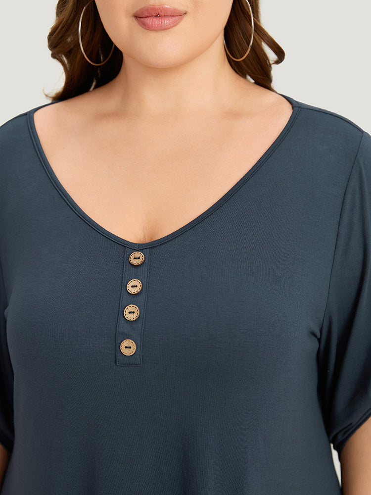 Supersoft Essentials Asymmetrical Hem Roll Sleeve Button Detail T-shirt-Sweetccc