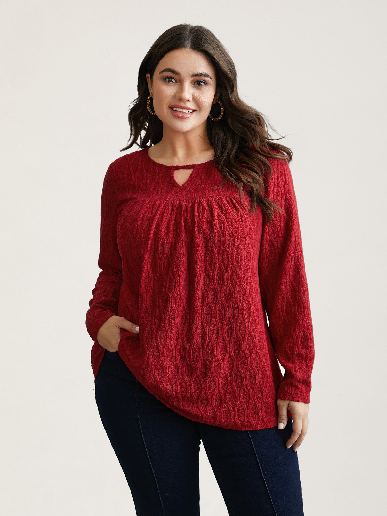 Textured Keyhole Gathered Knit Top-Sweetccc