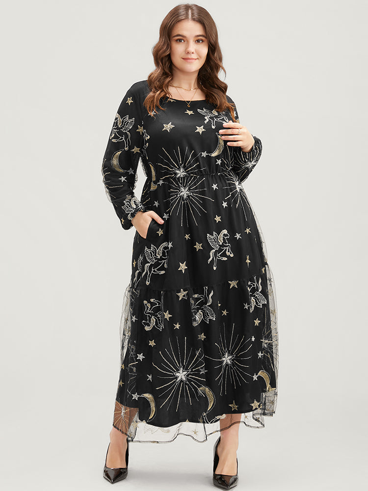 Moon And Star Pocket Lantern Sleeve Embroidered Mesh Dress-Sweetccc